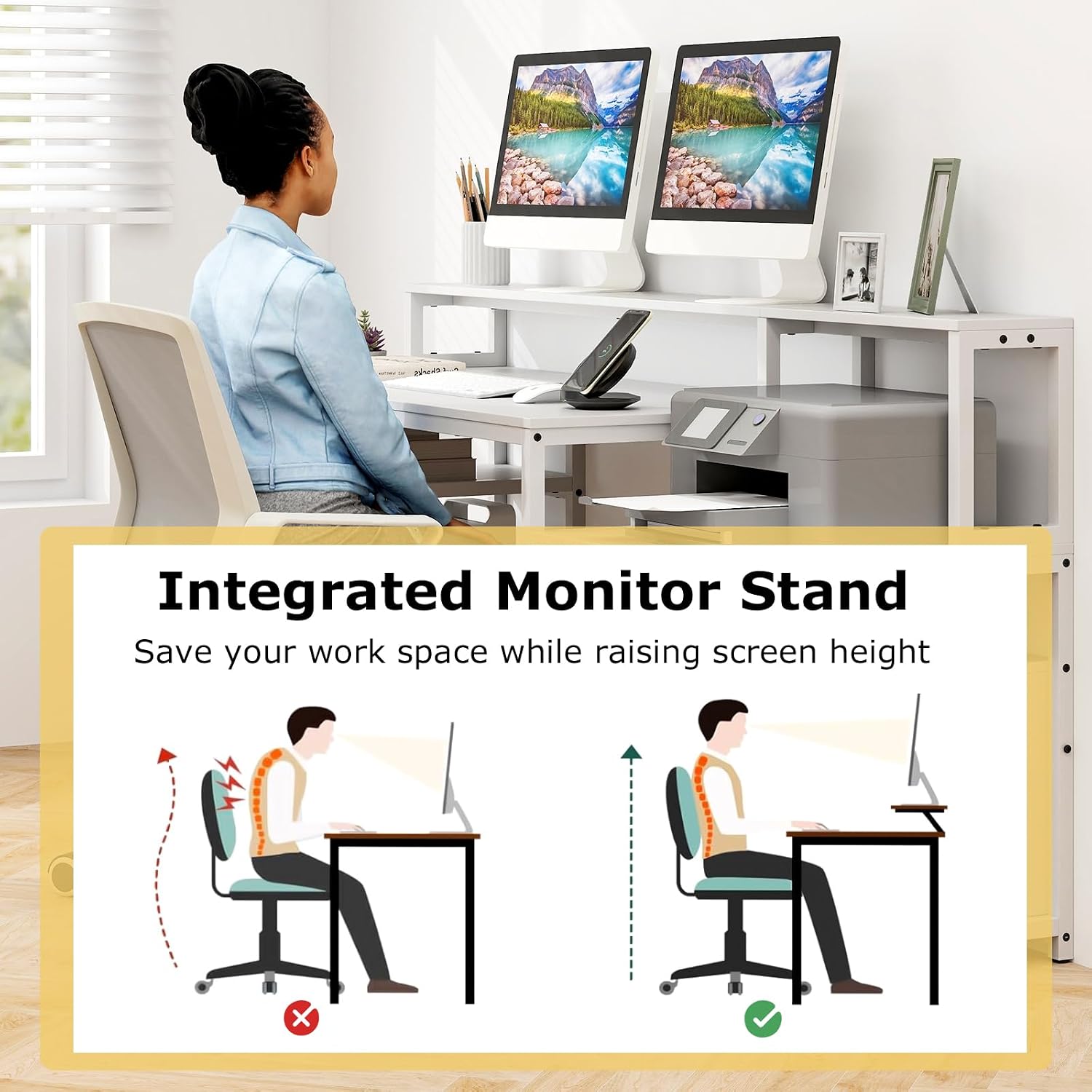 Tangkula Computer Desk with Power Outlets, 66' Computer Workstation with Monitor Stand, CPU Stand, Printer Shelf & File Drawer, Writing Table Gaming Desk for Home Office (White)
