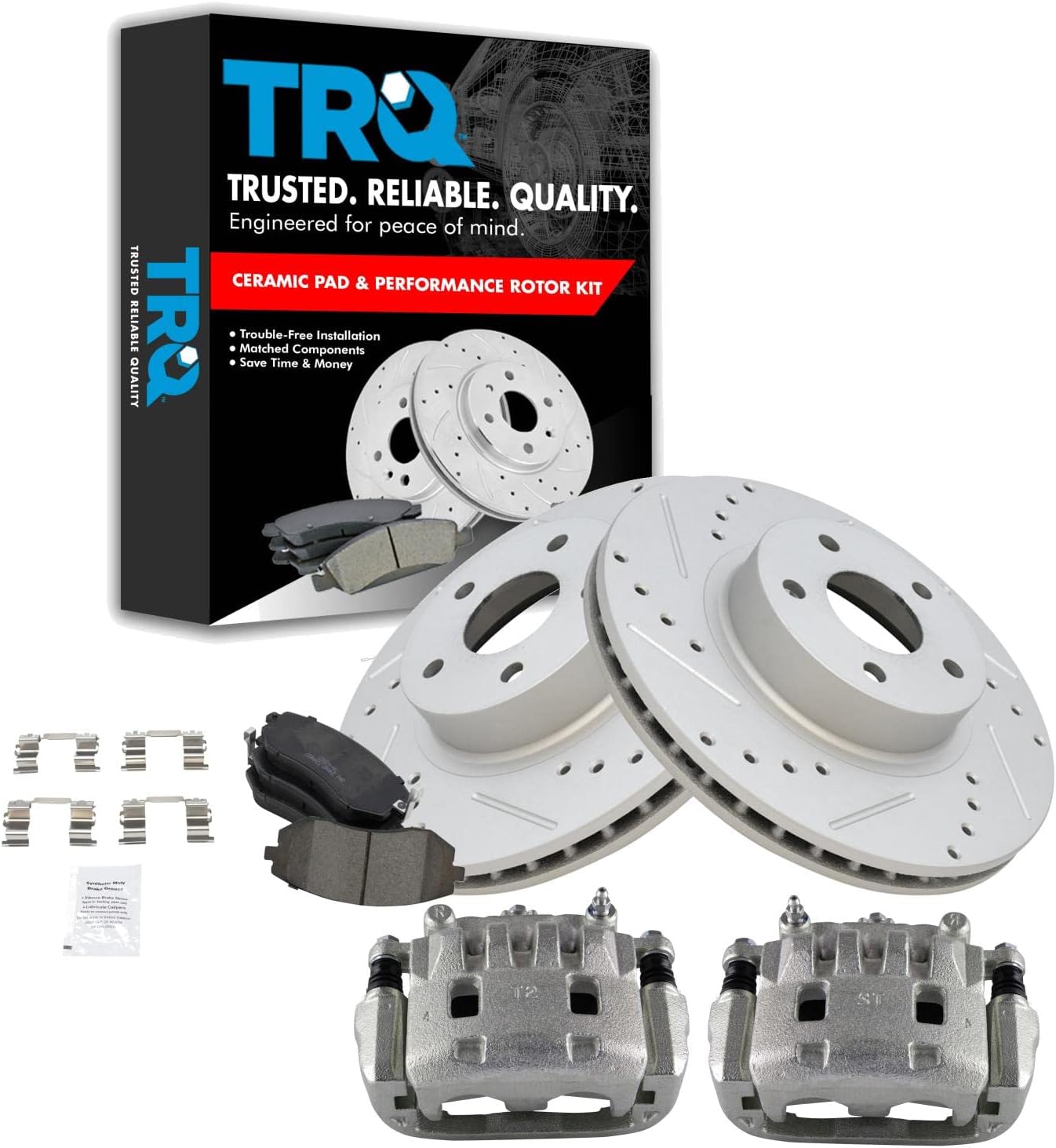 TRQ Performance Front Brake Pad and Rotor Set Ceramic Vented Coated Rotors Calipers Compatible with 2005 Subaru Legacy