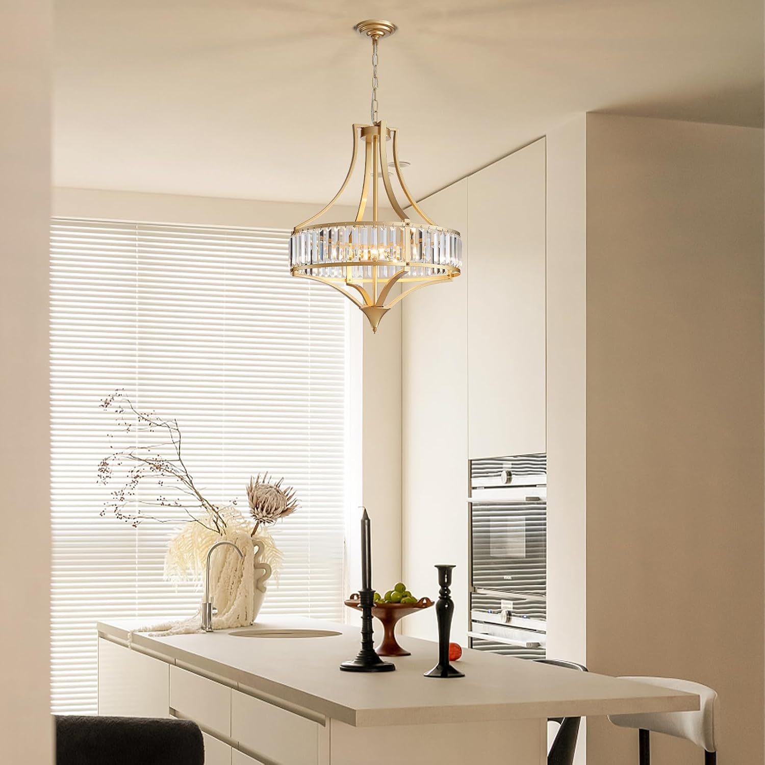 Crystal Chandeliers for Dining Room 21.6' Rustic Farmhouse Chandelier with Round Metal Shade 6-Light Large Gold Dining Room Light Fixture for Kitchen, Hallway, Bedroom, Foyer