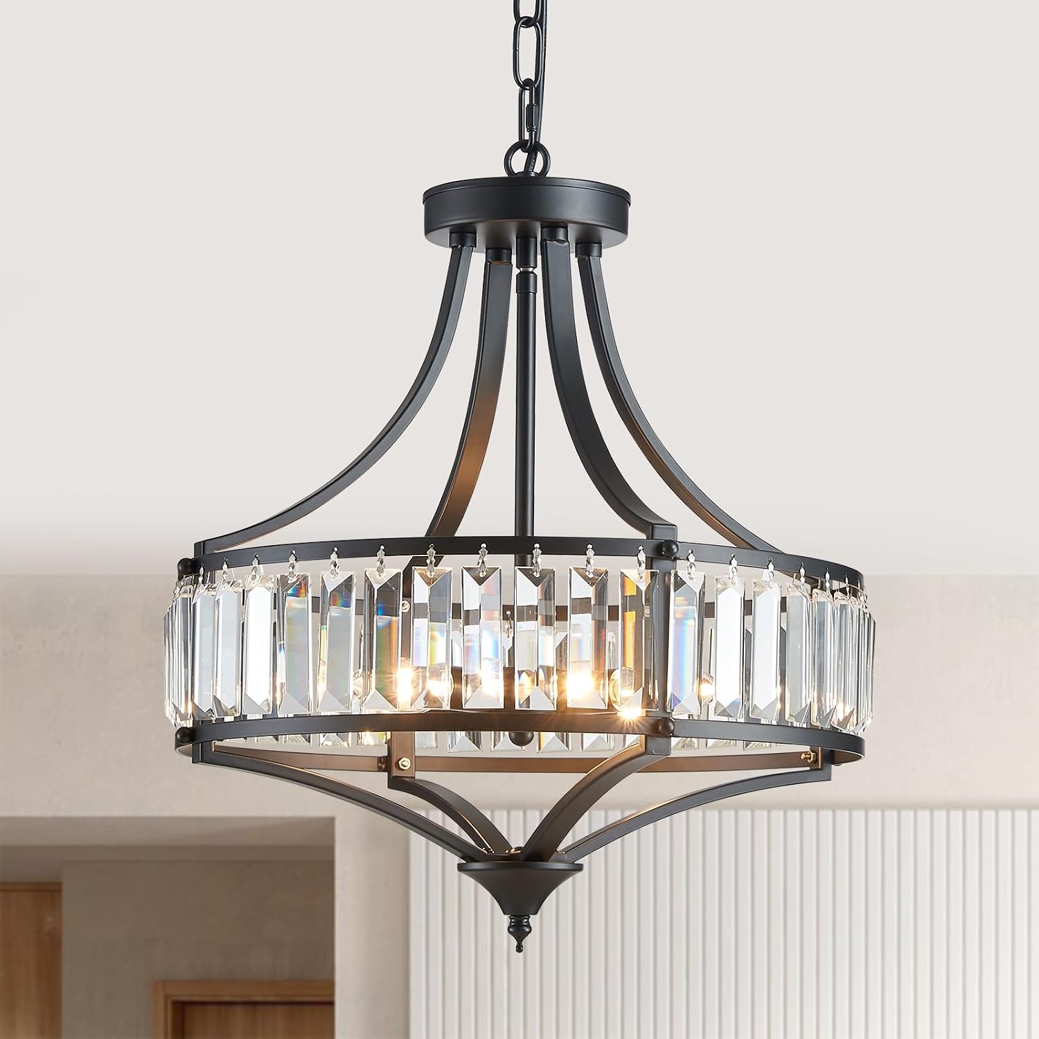 Black Crystal Chandeliers for Dining Room, Round Rustic Farmhouse Chandelier with Metal Shade 4-Light Modern Pendant Lighting for Hallway, Bedroom, Foyer
