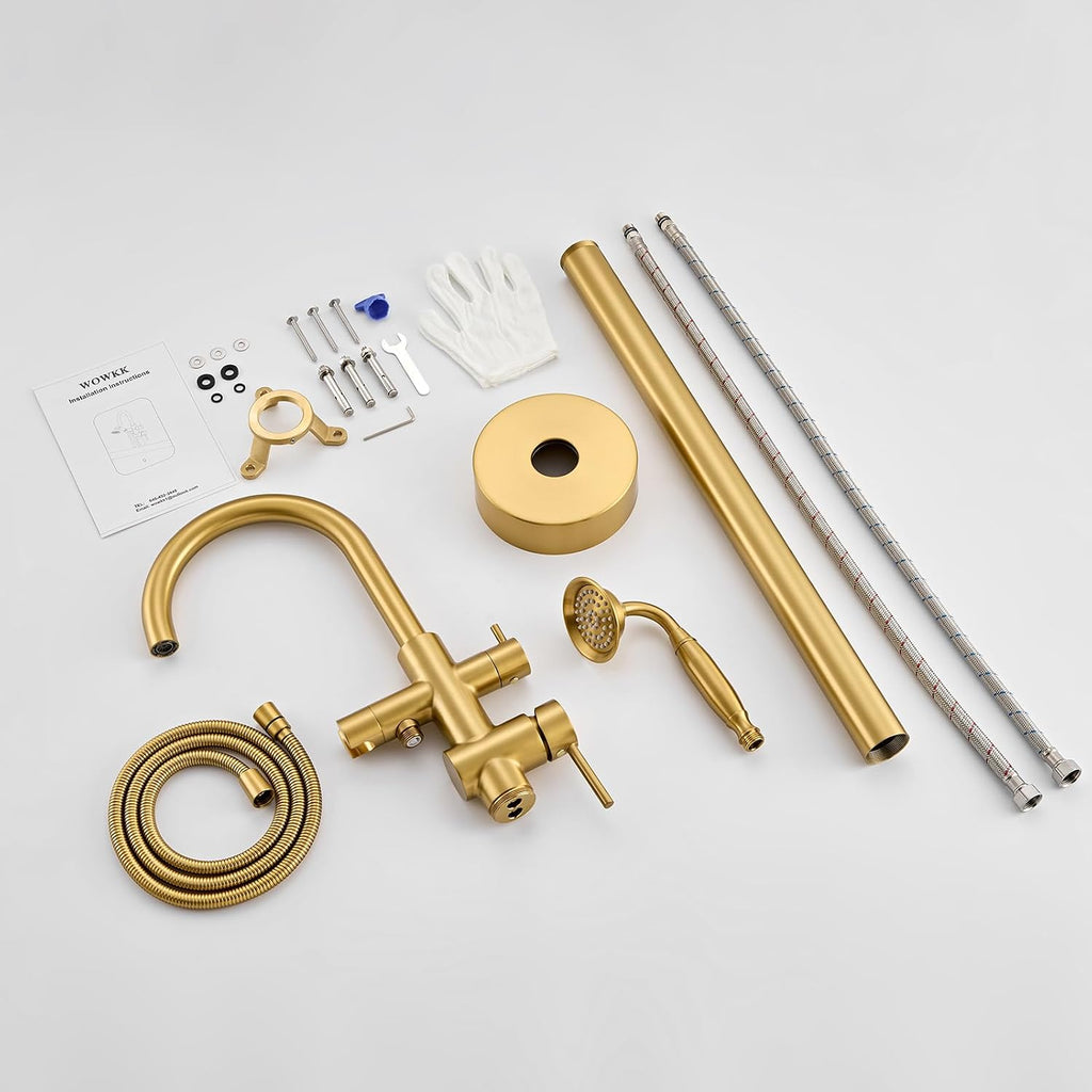 Wowkk Tub Filler Freestanding Bathtub Faucet Brushed Gold Floor Mounted Brass Bathroom Tub Faucets with Hand Shower