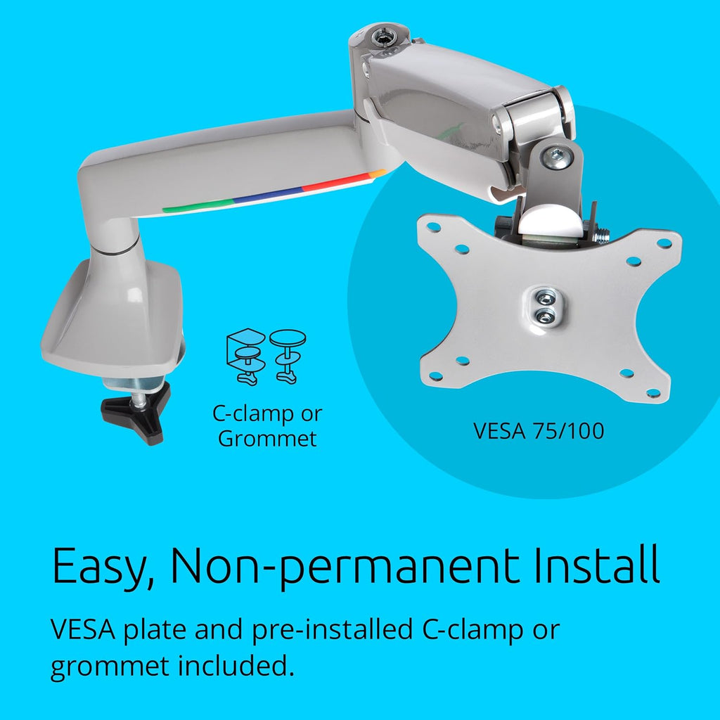Kensington SmartFit One-Touch Monitor Arm – Height Adjustable Gas Spring for Single Monitor, 13″–32″, 360° Rotation, ±90° Tilt, Cable Management – White (K55470WW)