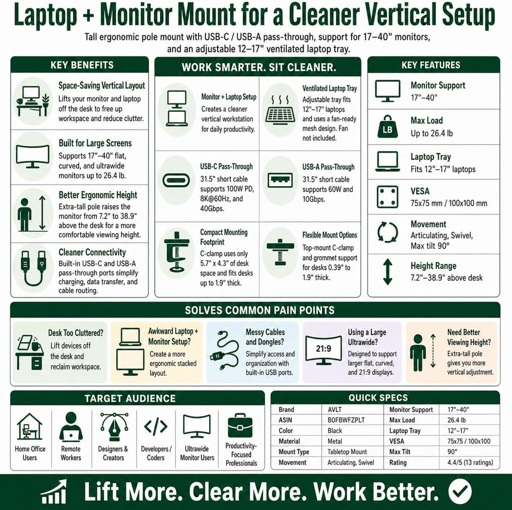 AVLT Laptop & 40 Inch Monitor Arm Pole Top Mount with USB-C&A Ports-Black, VESA Compatible, Supports 26.4 lbs (12 kg), Ultrawide Screen Fit, Adjustable Height, Tilt Swivel Rotate, Cable Management