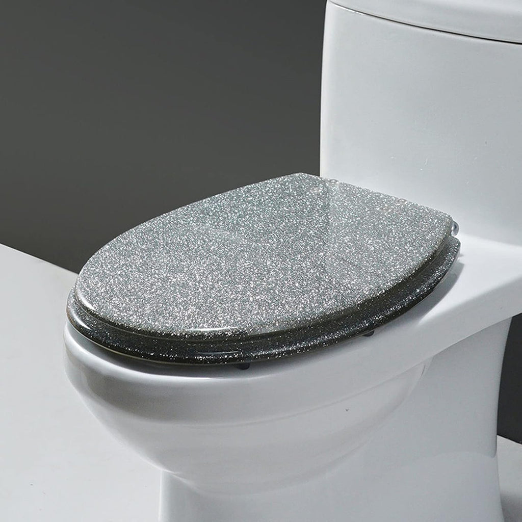 Sparkly Resin Toilet Seat, Elongated Toilet Seat, Thicken Toilet Seats, Glitter Toilet Seat Slow Close Bathroom Toilet Lid, Easy Clean & Install, 42 X 36Cm,Gold(Silver)