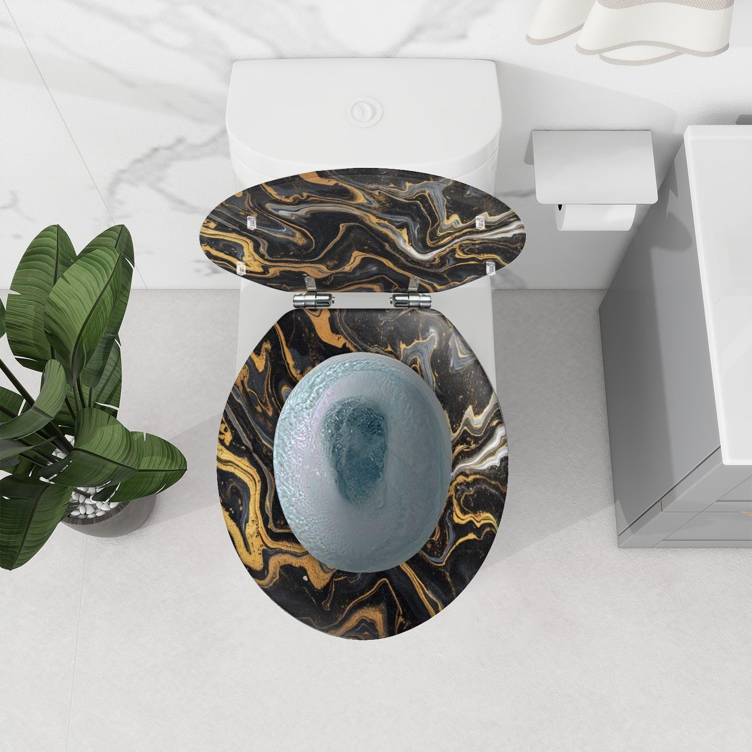 Round Toilet Seat marble ink paper texture black silver gold Resin Toilet Seat Quietly Close Quick Release Hinges Decorative Toilet Seat with Cover Easy to Install