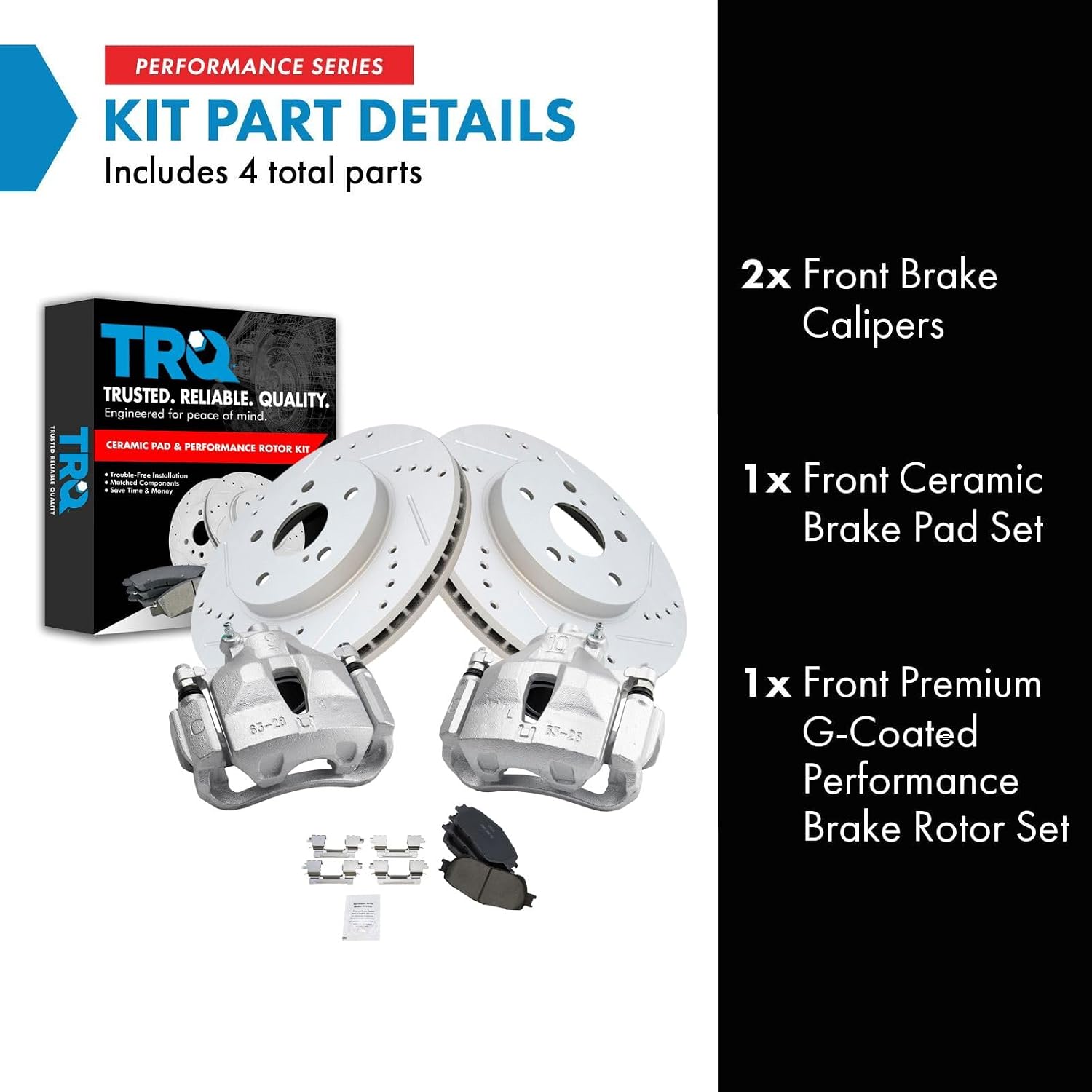 TRQ Performance Front Brake Pad and Rotor Set Ceramic Drilled Slotted Coated Vented Rotors Calipers Compatible with 2004-2010 Toyota Sienna 2005-2007 Avalon 2005-2006 Camry 2004-2008 Solara