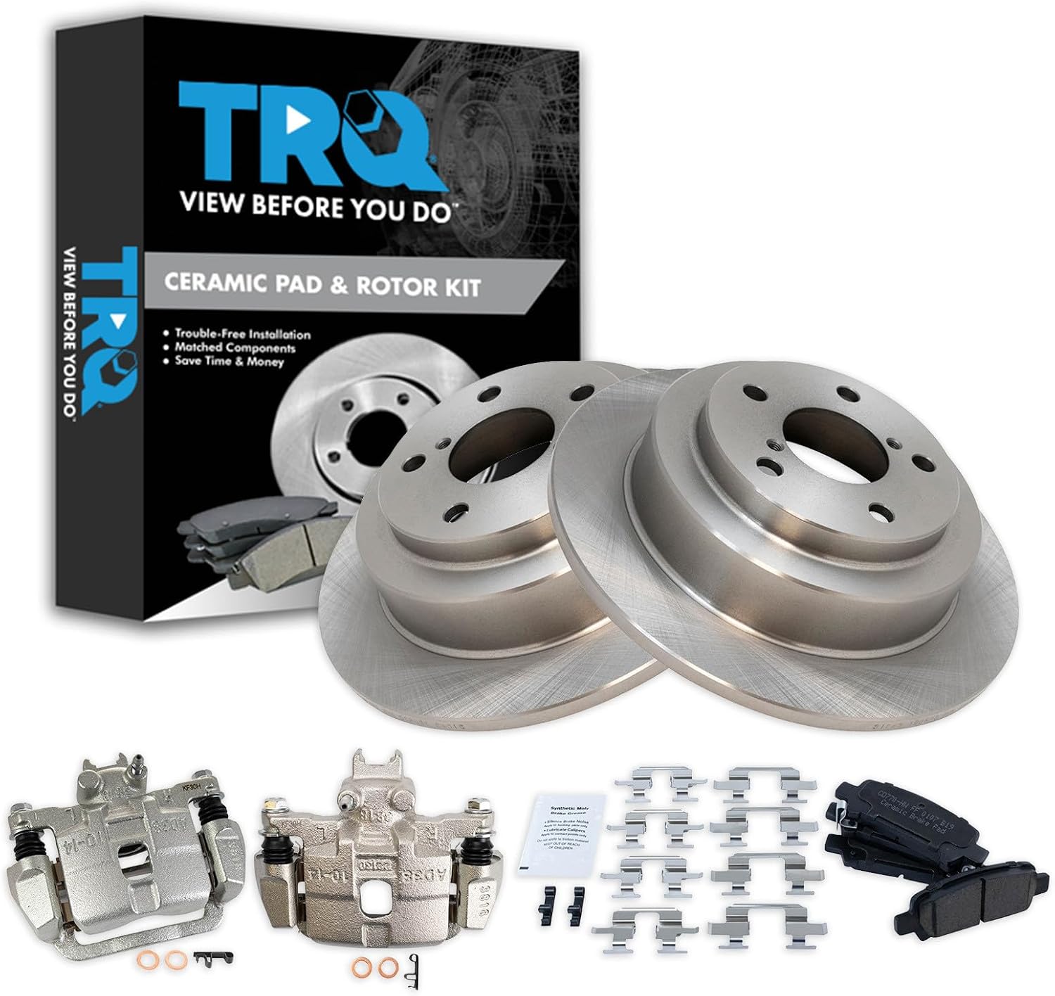 TRQ Rear Brake Pad and Rotor Set Ceramic Solid Rotors Calipers Compatible with 1998-2003 Subaru Forester 1999-2003 Impreza