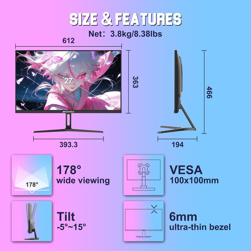 SANSUI Gaming Monitor 27' 1440p 260hz/240hz WQHD 2K - Fast IPS 1ms FreeSync Premium 丨DCI-P3 98% 丨sRGB130% 丨HDR10 丨2×DisplayPort 1.4丨2×HDMI2.0 PC Gaming Monitor with Crosshair