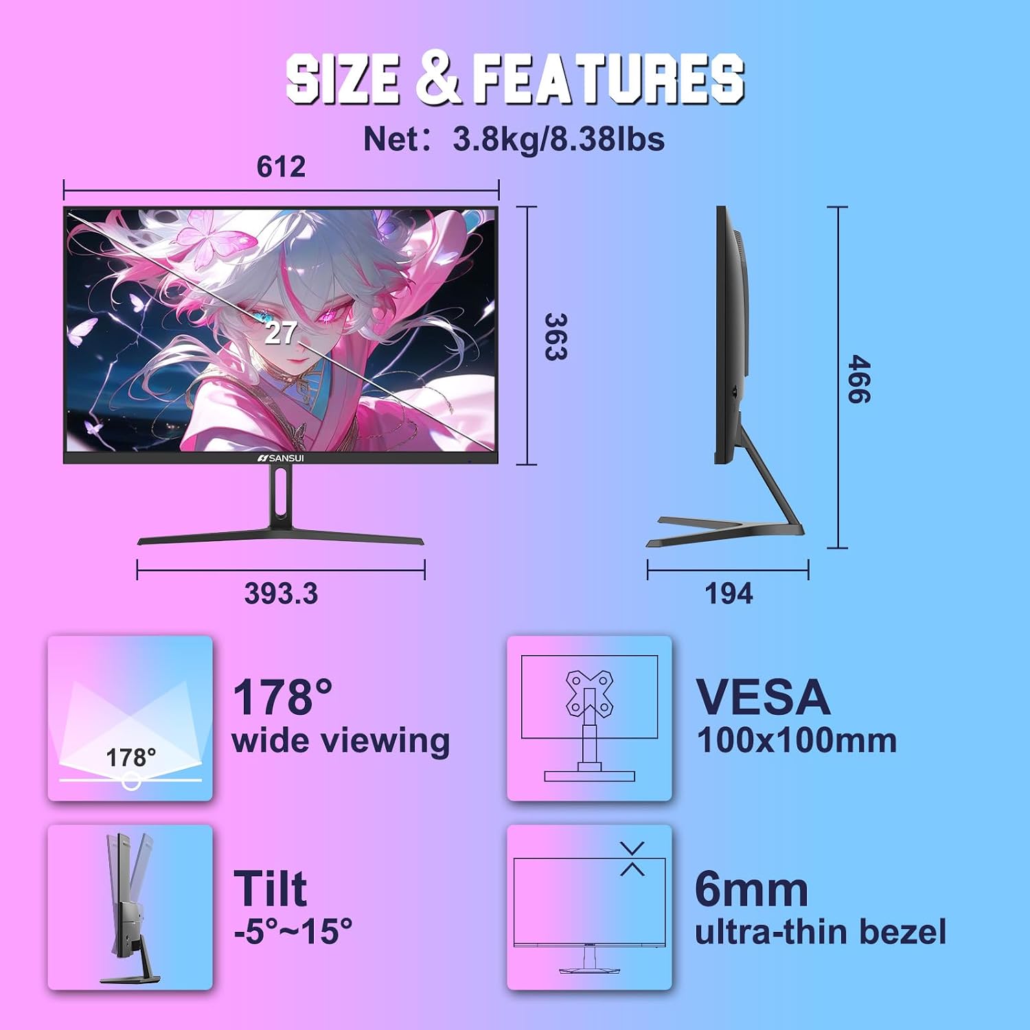 SANSUI Gaming Monitor 27' 1440p 260hz/240hz WQHD 2K - Fast IPS 1ms FreeSync Premium 丨DCI-P3 98% 丨sRGB130% 丨HDR10 丨2×DisplayPort 1.4丨2×HDMI2.0 PC Gaming Monitor with Crosshair