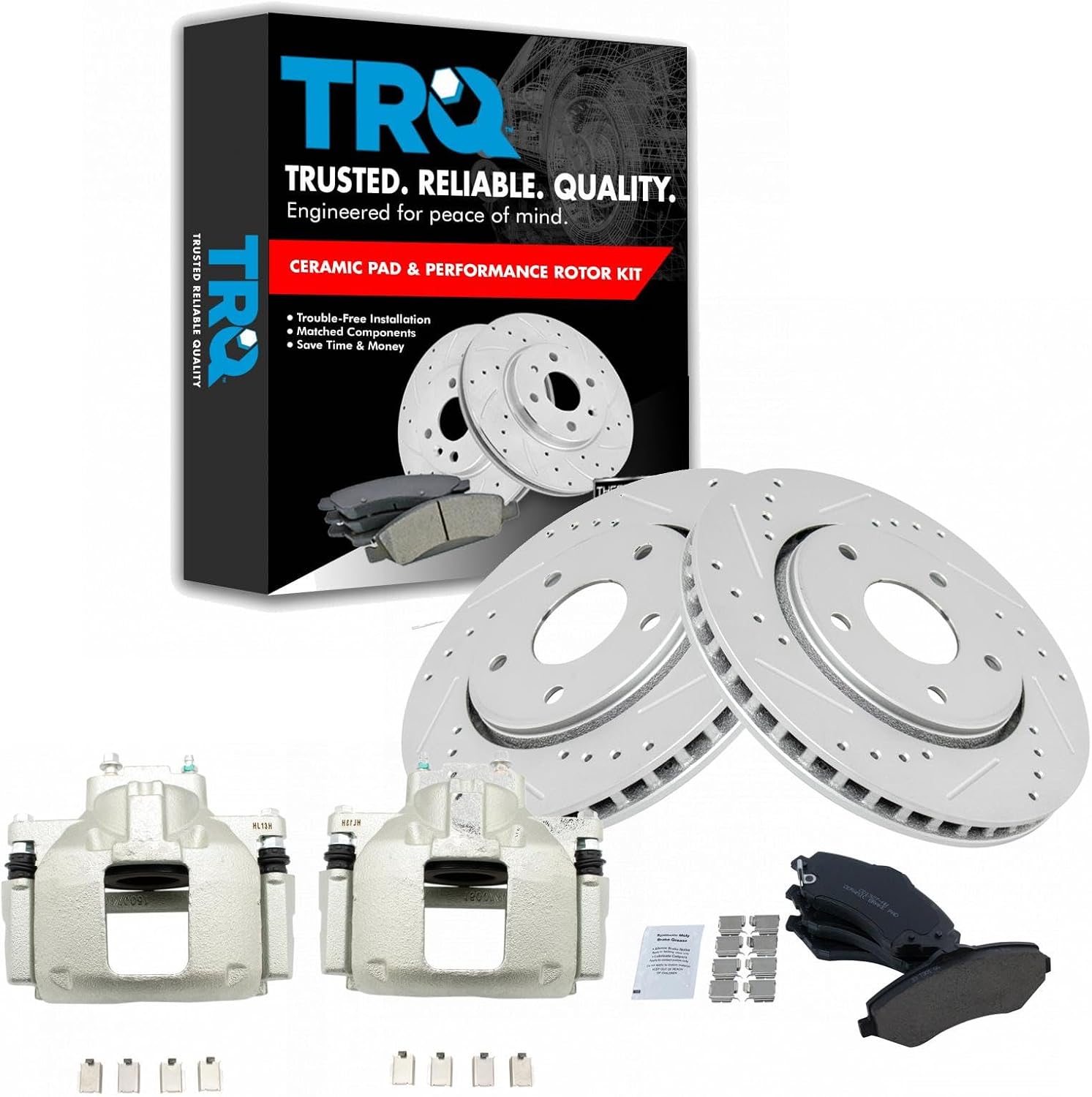 TRQ Performance Front Brake Pad and Rotor Set Ceramic Coated Drilled Slotted Rotors Calipers Compatible with 08-12 Chrysler Town & Country Dodge Grand Caravan 12 Ram Cargo Van 09-12 Volkswagen Routan