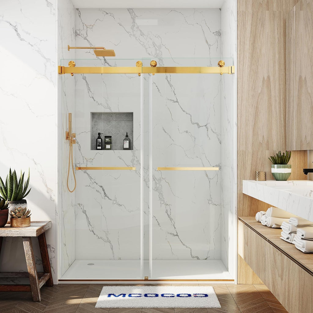 Frameless Sliding Shower Door 46'-49' W x 76' H, Brushed Gold | 3/8' Tempered Glass, Double Sliding Design, 1/4' Wall Adjustment, Double-Sided Easy-Clean Glass, Stainless Steel Hardware