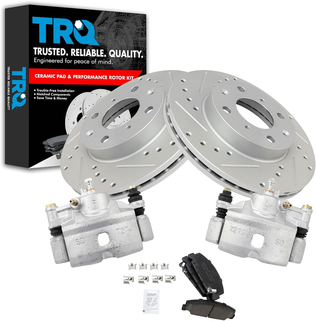 TRQ Performance Front Brake Pad and Rotor Set Ceramic Drilled Slotted Coated Vented Rotors Calipers Compatible with 1990-2000 Honda Civic 1993-1997 Civic del Sol 1990-1991 CRX