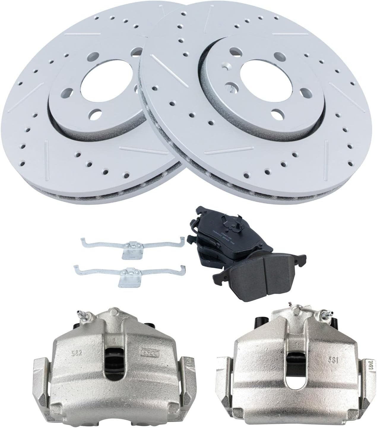 TRQ Performance Front Brake Pad and Rotor Set Ceramic Vented Coated Rotors Calipers Compatible with 2005 Volkswagen Jetta