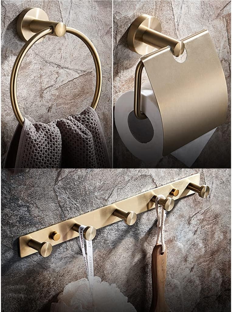 BTZHY Towel Rack Towel Rack Bathroom Hardware Set, Gold Towel Rack, Towel Bar, Towel, Toilet Paper Holder, Susbathroom Accessory Bathroom Hardware/Round Head 5 Hooks The New