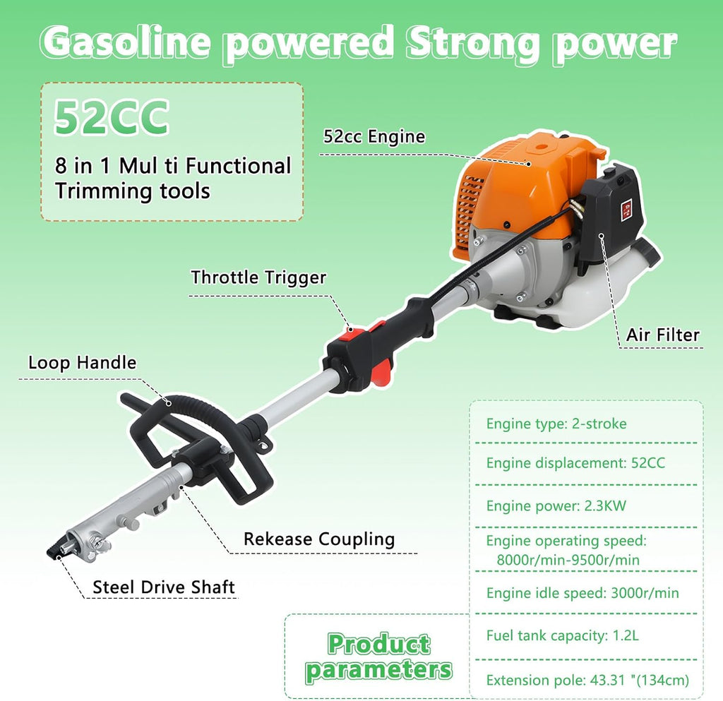 8-in-1 Weed Eater Gas Powered - Multi-Functional Trimming Tool Set, 52CC 2-Stroke Lawn Mower, String Trimmer, Hedge Trimmer, Edger, Brush Cutter, Pole Chainsaw Pruner with Extension Pole