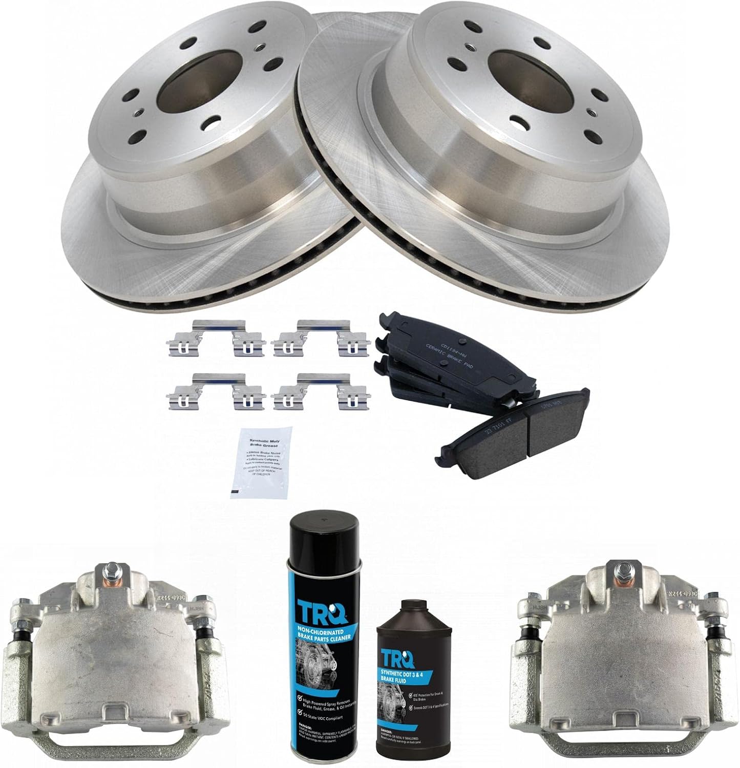 TRQ Rear Ceramic Brake Pad Rotor & Caliper Kit w/Fluids Compatible with Escalade Silverado