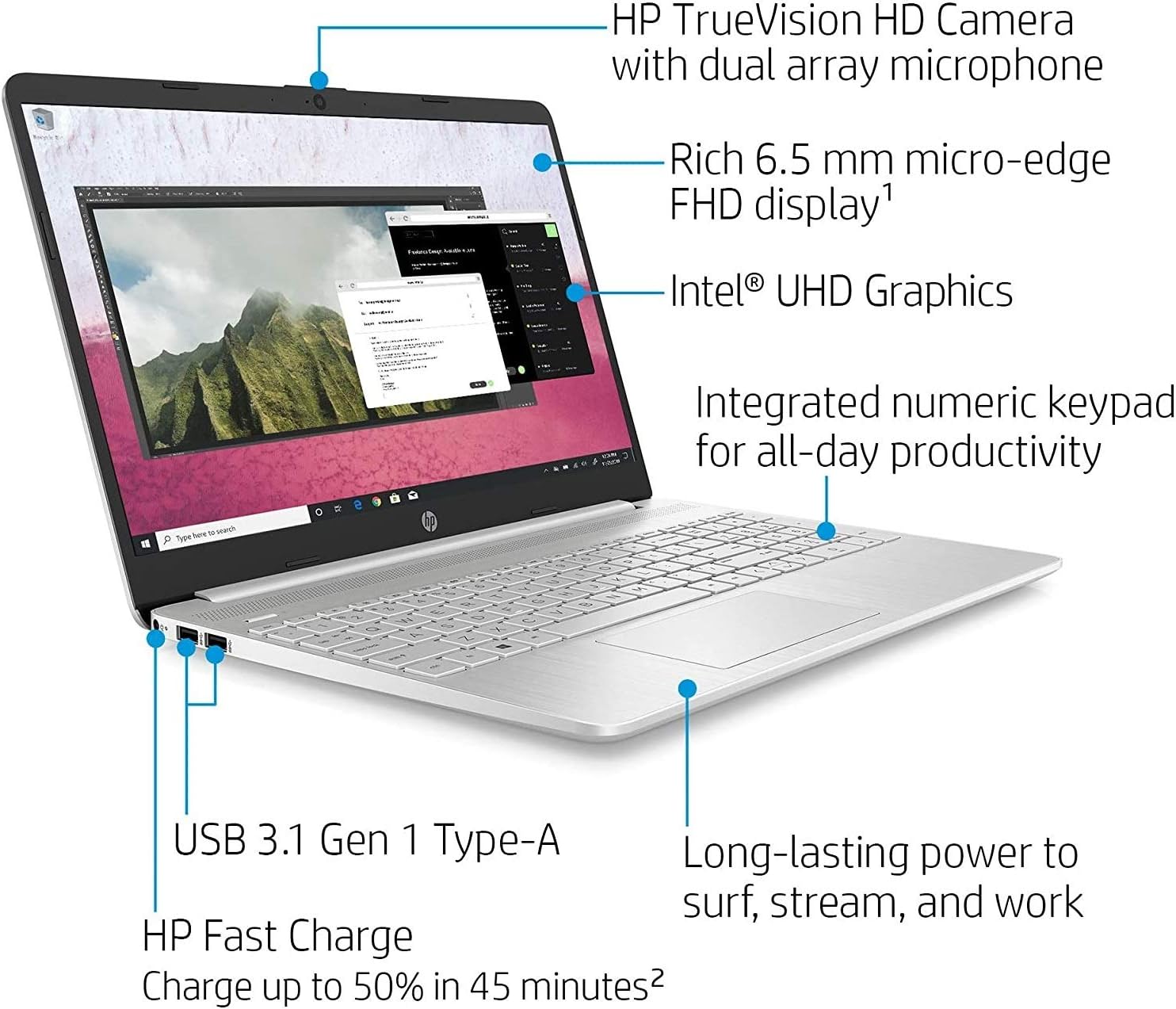 HP Laptop 15-dy1079ms (Core i7-1065G7) 15.6 Full HD 1920x1080 IPS touchscreen 12GB DDR4 Ram, 256GB SSD, Webcam, HDMI, Silver, Windows 10 Home