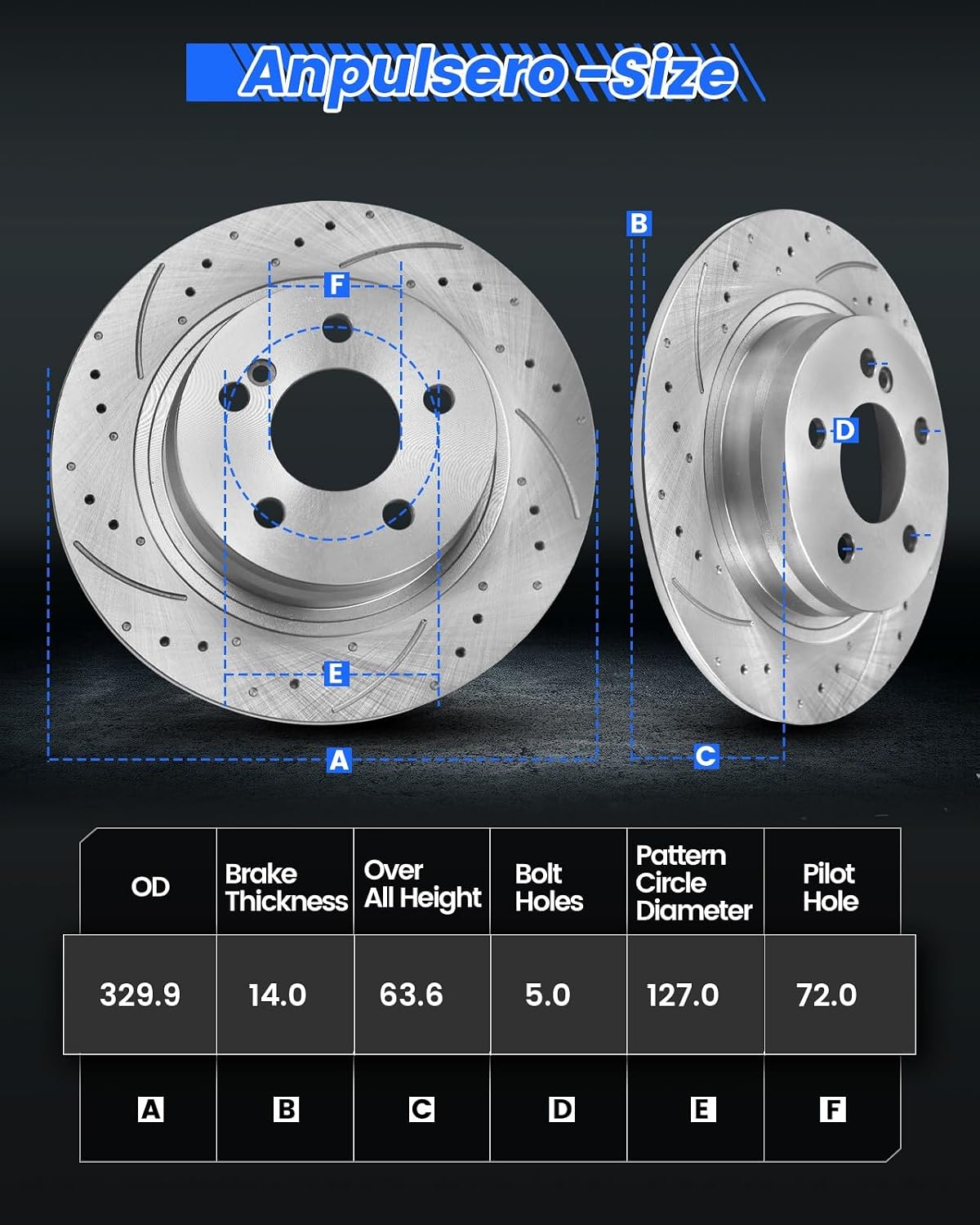 Anpulsero Rear Brake Pads and Rotors Kit Compatible with 2011-2020 Jeep Grand Cherokee, 2011-2020 Dodge Durango|Low Dust Noise Free-Drilled Slotted Brake Rotors Kit| 53061 & D1498-8698 | 329.9mm(13in)