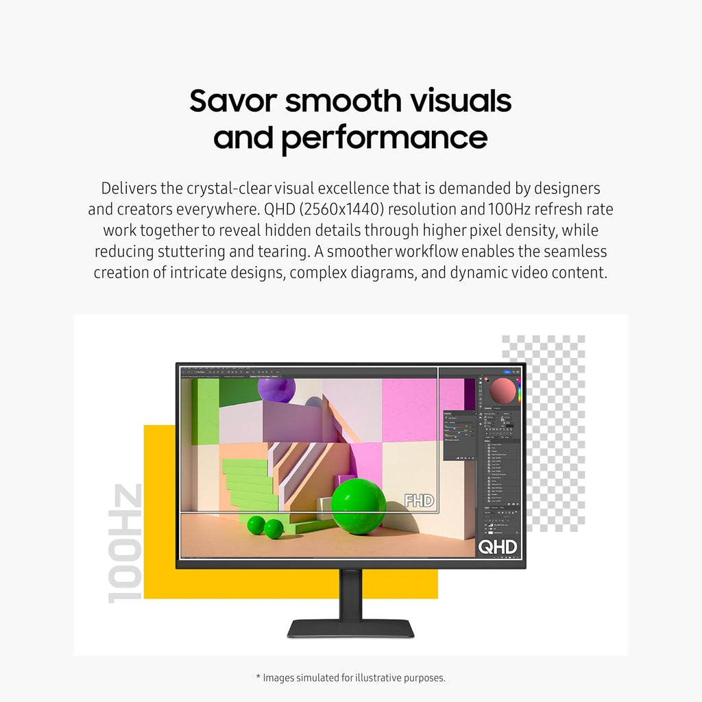 SAMSUNG 32' ViewFinity S6 (S60D) Series QHD High Resolution Computer Monitor, 100Hz, HDR10, Multiple Ports w/ HDMI, DisplayPort, USB-A, Easy Setup, Height Adjustable Stand, LS32D606EANXGO, 2024