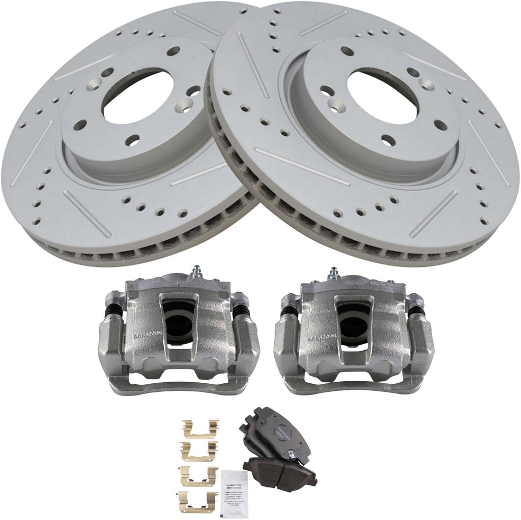 TRQ Performance Front Brake Pad and Rotor Set Ceramic Vented Coated Slotted Drilled Rotors Calipers Compatible with 2011-2014 Hyundai Sonata