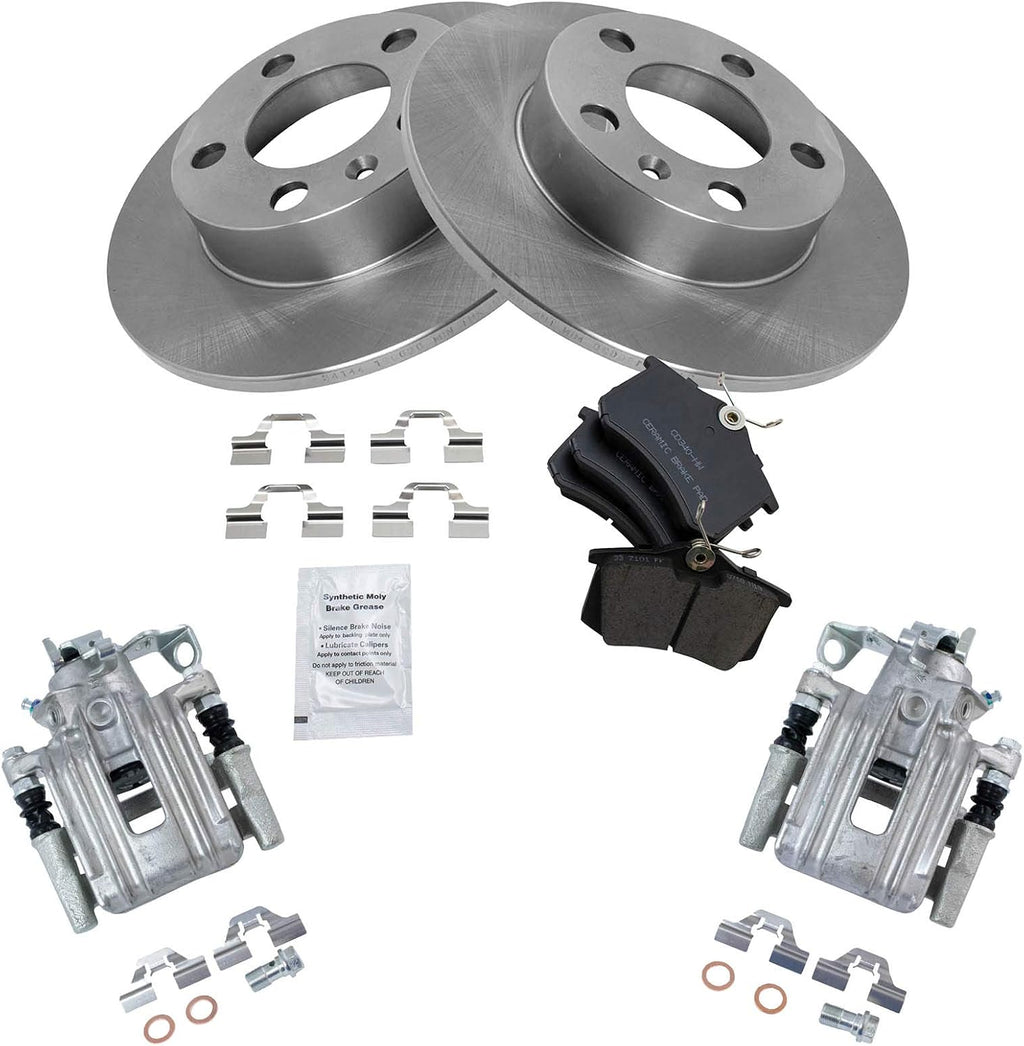 TRQ Rear Brake Pad and Rotor Set Ceramic Solid Rotors Calipers Compatible with 1999 Volkswagen Jetta