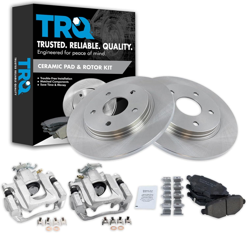 TRQ Rear Brake Pad and Rotor Set Caliper Ceramic Solid Compatible with 2012-2016 Chrysler Town & Country 2012-2016 Dodge Grand Caravan 2012-2015 Ram C/V 2013-2014 Volkswagen Routan