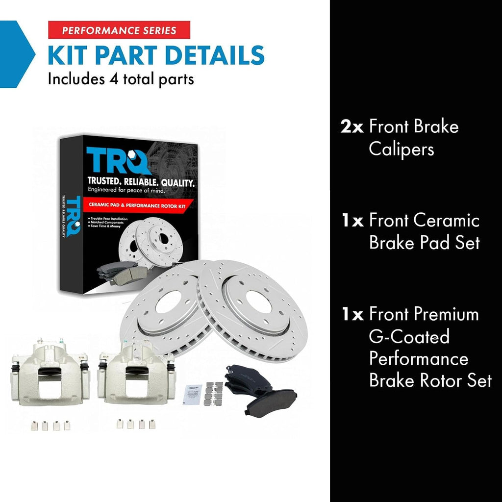 TRQ Performance Front Brake Pad and Rotor Set Ceramic Coated Drilled Slotted Rotors Calipers Compatible with 08-12 Chrysler Town & Country Dodge Grand Caravan 12 Ram Cargo Van 09-12 Volkswagen Routan