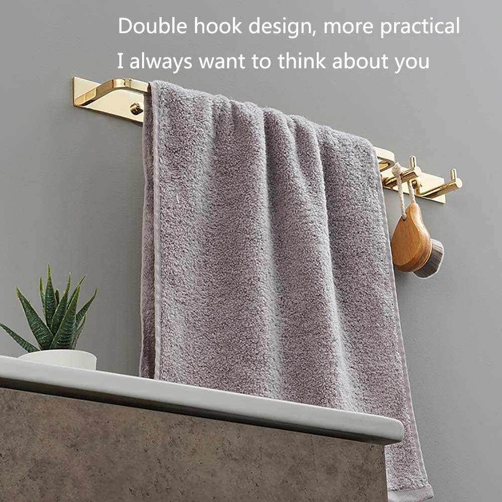 Towel Bar Towel Rail with 2 Hooks Heavy Duty Brass Bathroom Towel Rack Wall Mounted Towel Holder Double Rod Storage Rack for Bathroom Kitchen Toilet,Black Gold