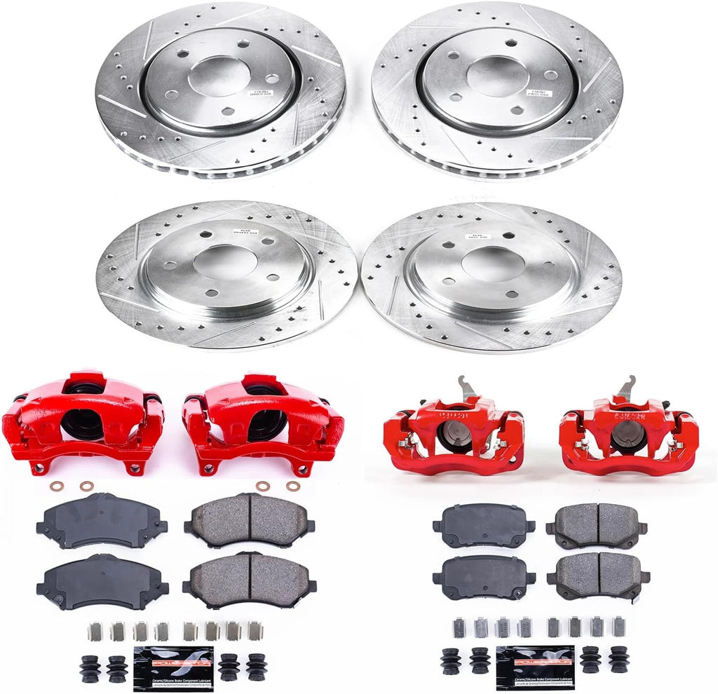 PowerStop Front Brake & Caliper Kit for Buick Enclave 2008-17 |Chevrolet Traverse 2009-17 |GMC Acadia 2007-16 - Drilled & Slotted Disc Rotors + Z36 Brake Pads + Red-Powder Coated Calipers, KC4657-36