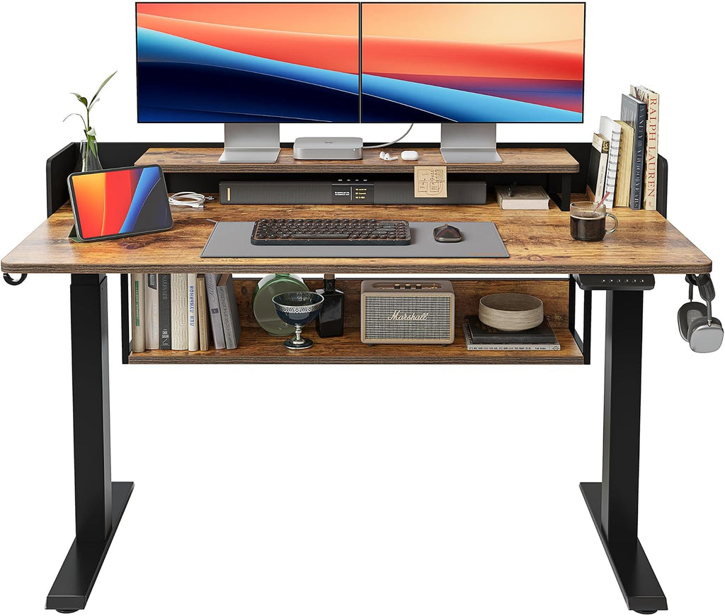 FEZIBO 55' Electric Standing Desk with Shelves, 55x24 Inches Sit Stand Rising Computer Desk with Monitor Shelf, Home Office Desks with Hook, Adjustable Height Stand Up Workstation Table, Rustic Brown