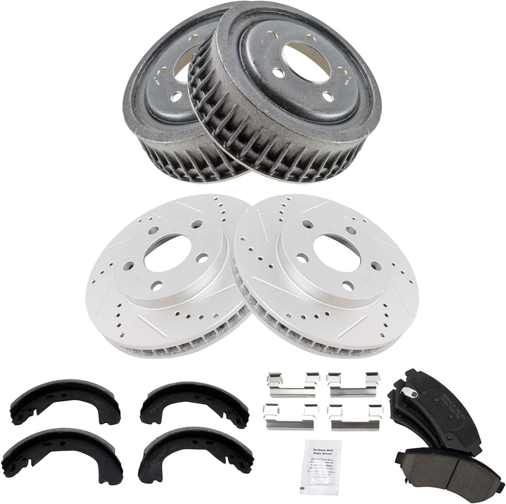TRQ Ceramic Brake Pad Performance Rotor Drum & Shoe Front Rear Kit Compatible with GM