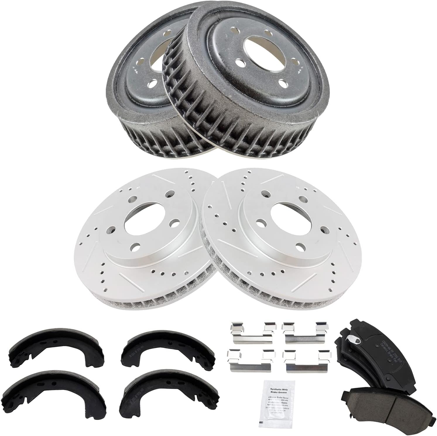 TRQ Ceramic Brake Pad Performance Rotor Drum & Shoe Front Rear Kit Compatible with GM