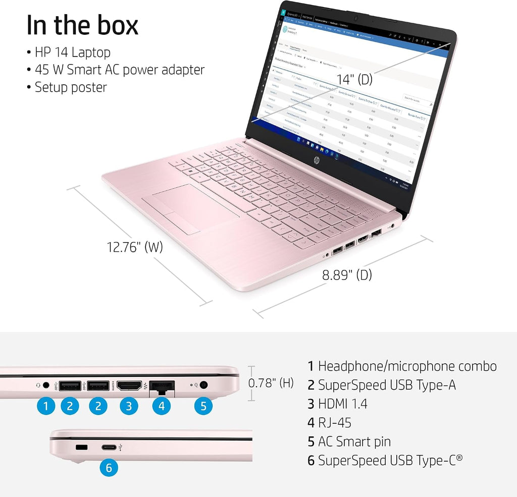 HP 14' Ultra-Light Laptop for Students and Business - Intel Quad-Core Processor, 16GB RAM, 320GB Storage(64GB eMMC+256GB Card), 1-Year Office 365, Wi-Fi, 11H Long Battery life, Webcam, Win11 Home in S