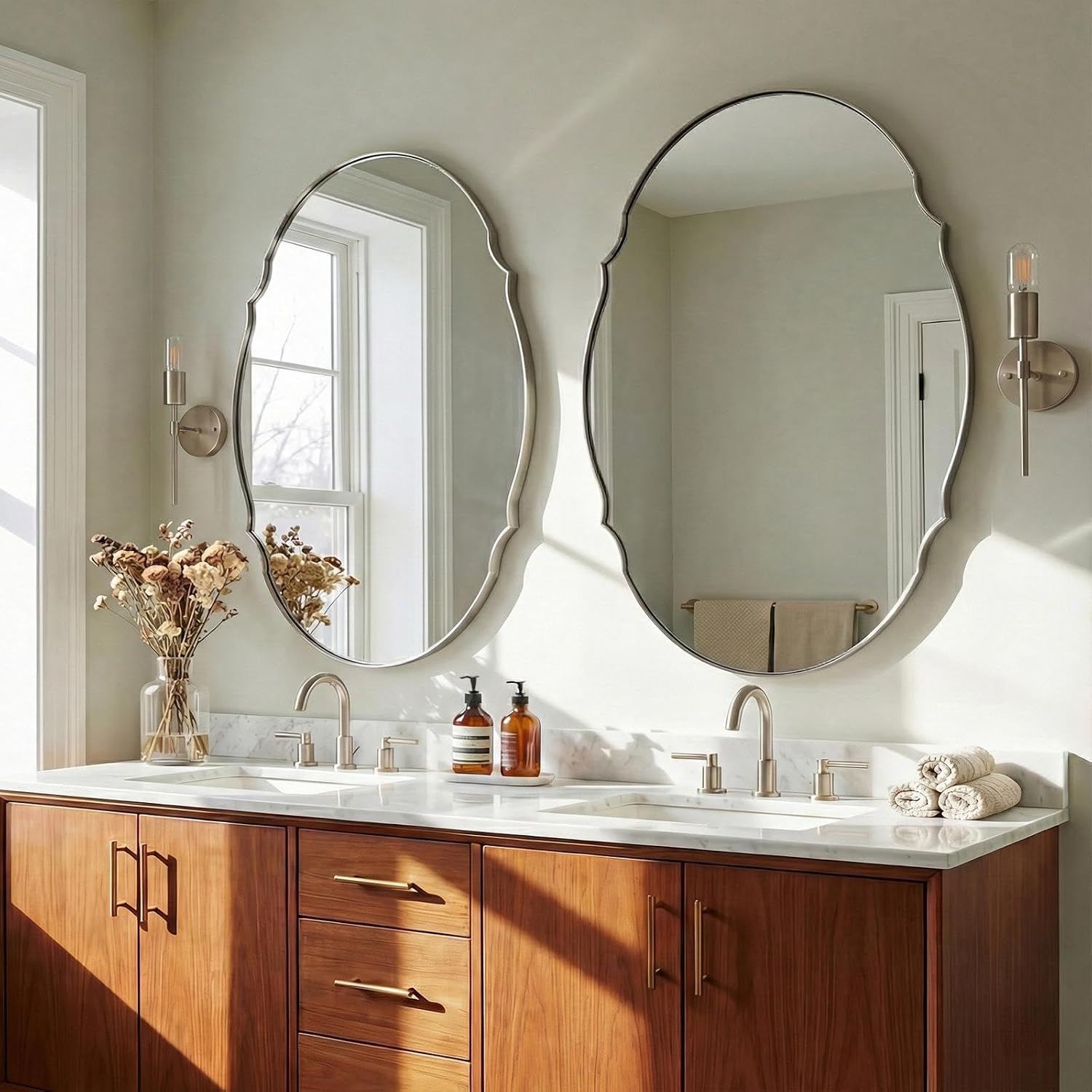 ANDY STAR Large Brushed Nickel Oval Scalloped Mirror 30x40, Silver Oval Bathroom Mirror for Wall, Stainless Steel Framed Mirror for Master Vanity, Entryway, Hallway, Rust-Resistant