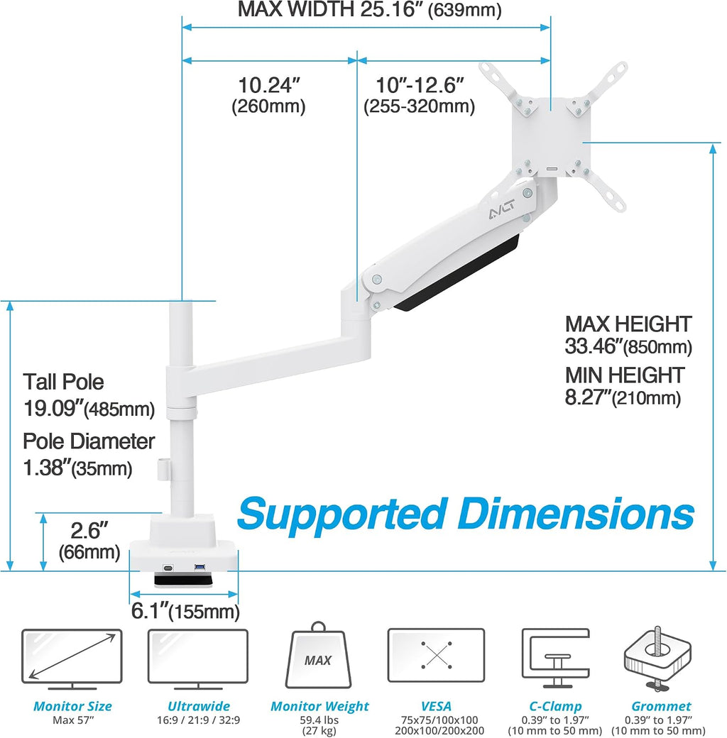 AVLT Single 57 Inch Heavy Duty Monitor Arm Pole Top Mount with USB-C&A Ports-White, Height Adjustable, Easy Install Top C-Clamp/Grommet with Reinforcement Plates, VESA Compatible 200/100/75