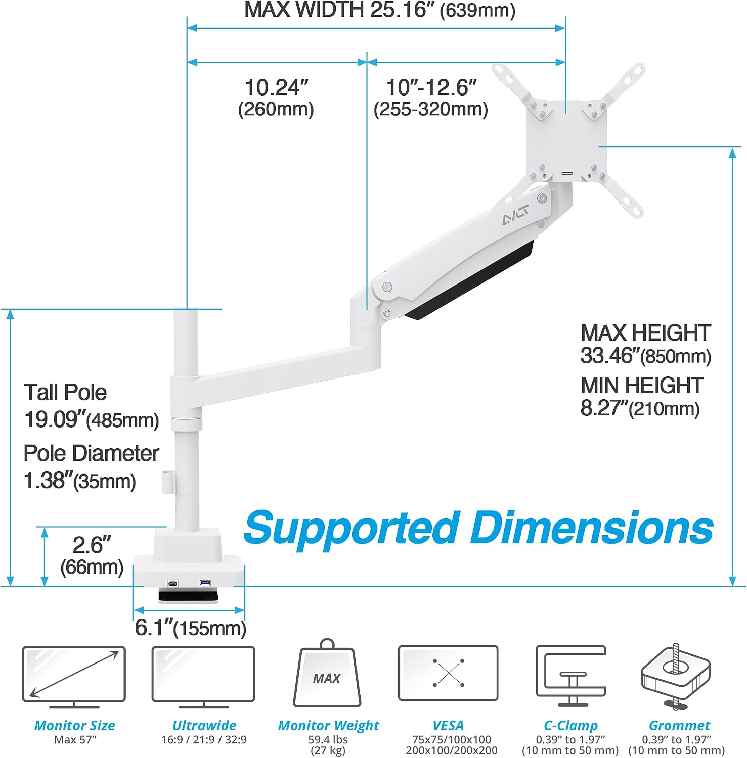 AVLT Single 57 Inch Heavy Duty Monitor Arm Pole Top Mount with USB-C&A Ports-White, Height Adjustable, Easy Install Top C-Clamp/Grommet with Reinforcement Plates, VESA Compatible 200/100/75