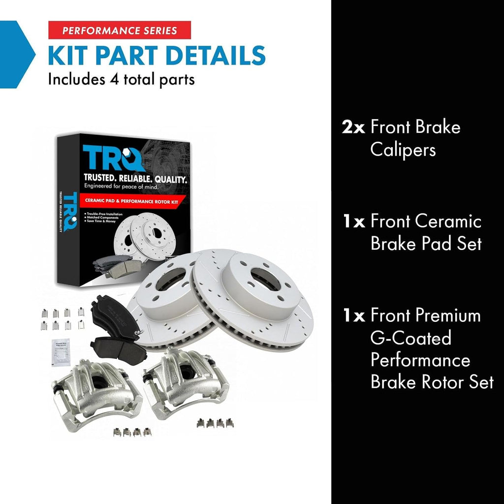 TRQ Performance Front Brake Pad and Rotor Set Ceramic Vented Coated Rotors Calipers Compatible with 2002-2007 Jeep Liberty