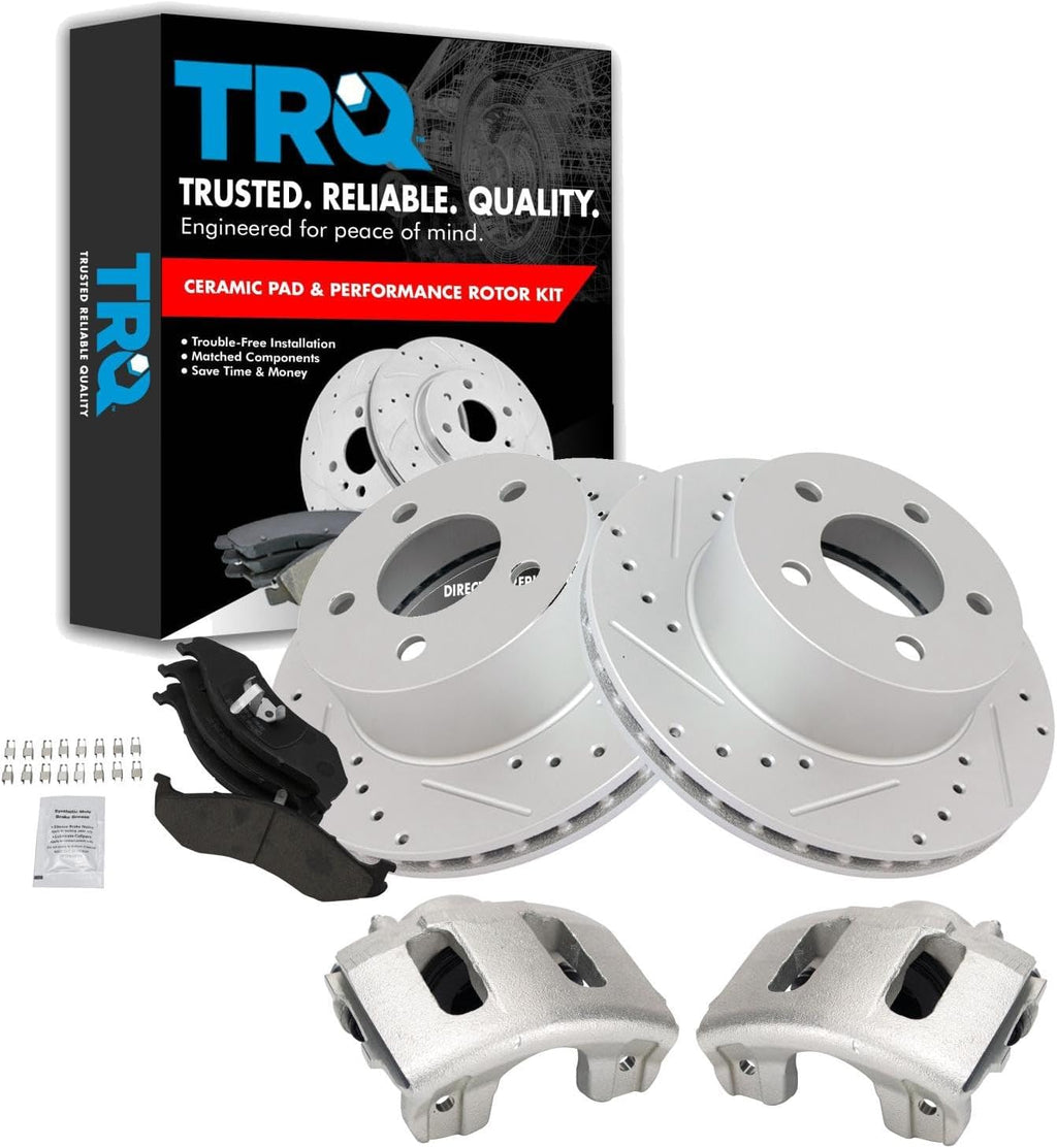 TRQ Performance Front Brake Pad and Rotor Set Ceramic Coated Drilled Slotted Vented Rotors Calipers Compatible with 91-98 Jeep Cherokee 91-92 Comanche 93-98 Grand Cherokee 91-99 Wrangler