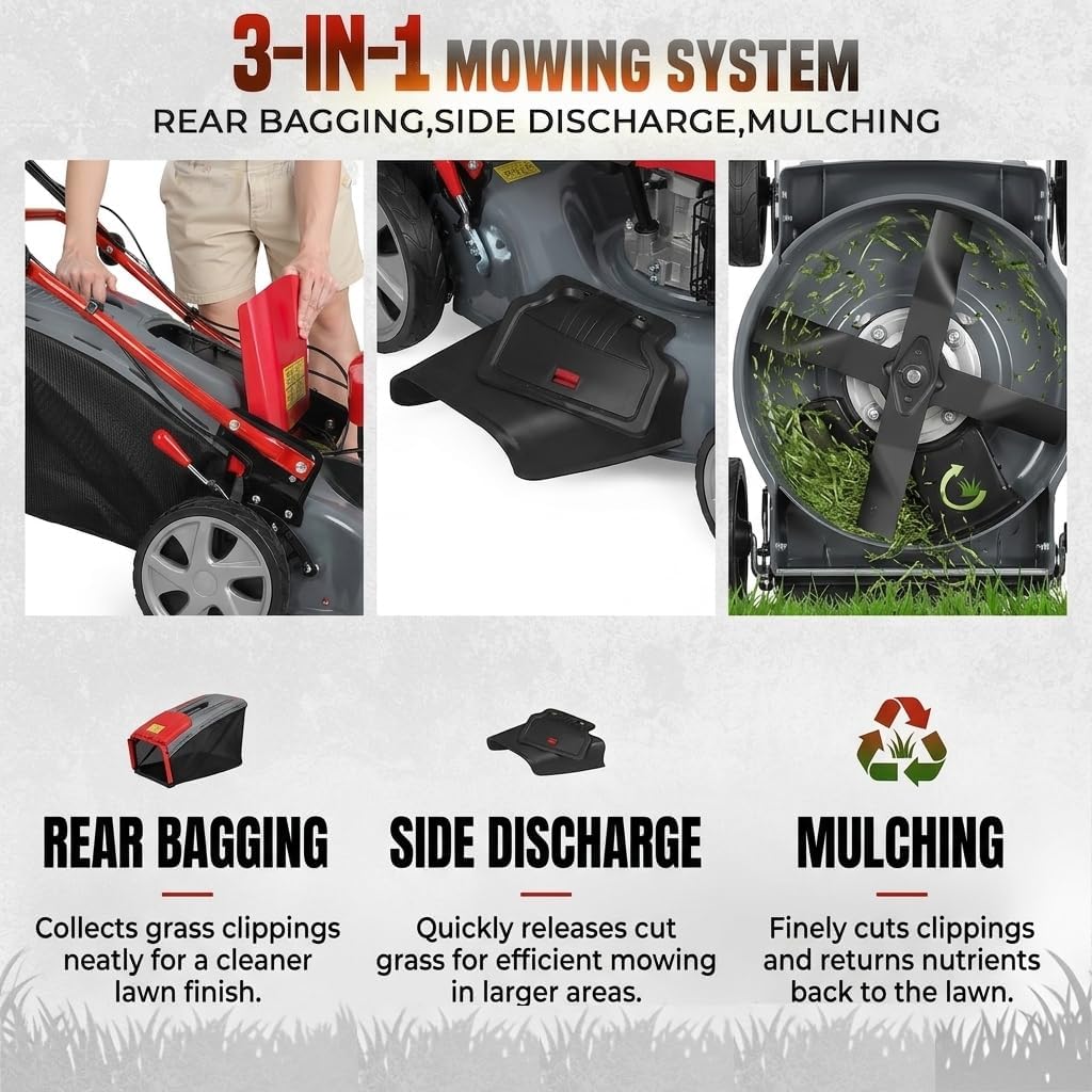 173cc Gas Lawn Mower, Self-Propelled Rear Wheel Drive, Adjustable 3-Speed Settings, 20' Cutting Width, 60L Grass Catcher, Ideal for Large Lawns, Easy Start & Efficient Grass Collect Red