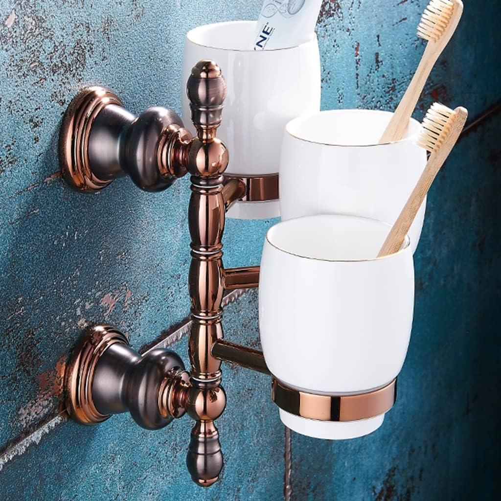 Bathroom Hardware Set Brown Bronze Rose Gold Towel Rack Set Towel Bar Toilet Paper Holder Towel Ring Wall Mounted Bathroom Accessories Kit Wall Mounted,Single Glass(Three Cup Holders)