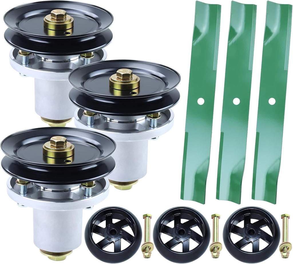 54 Inch Mower Deck Rebuild Kit for Hustler Raptor Flip-Up, Raptor SD 935833 936476 935833 Includes 3 Pack 601804 Spindle Assembly with 604664 Pulley 788166 Wheel 601124 Blade