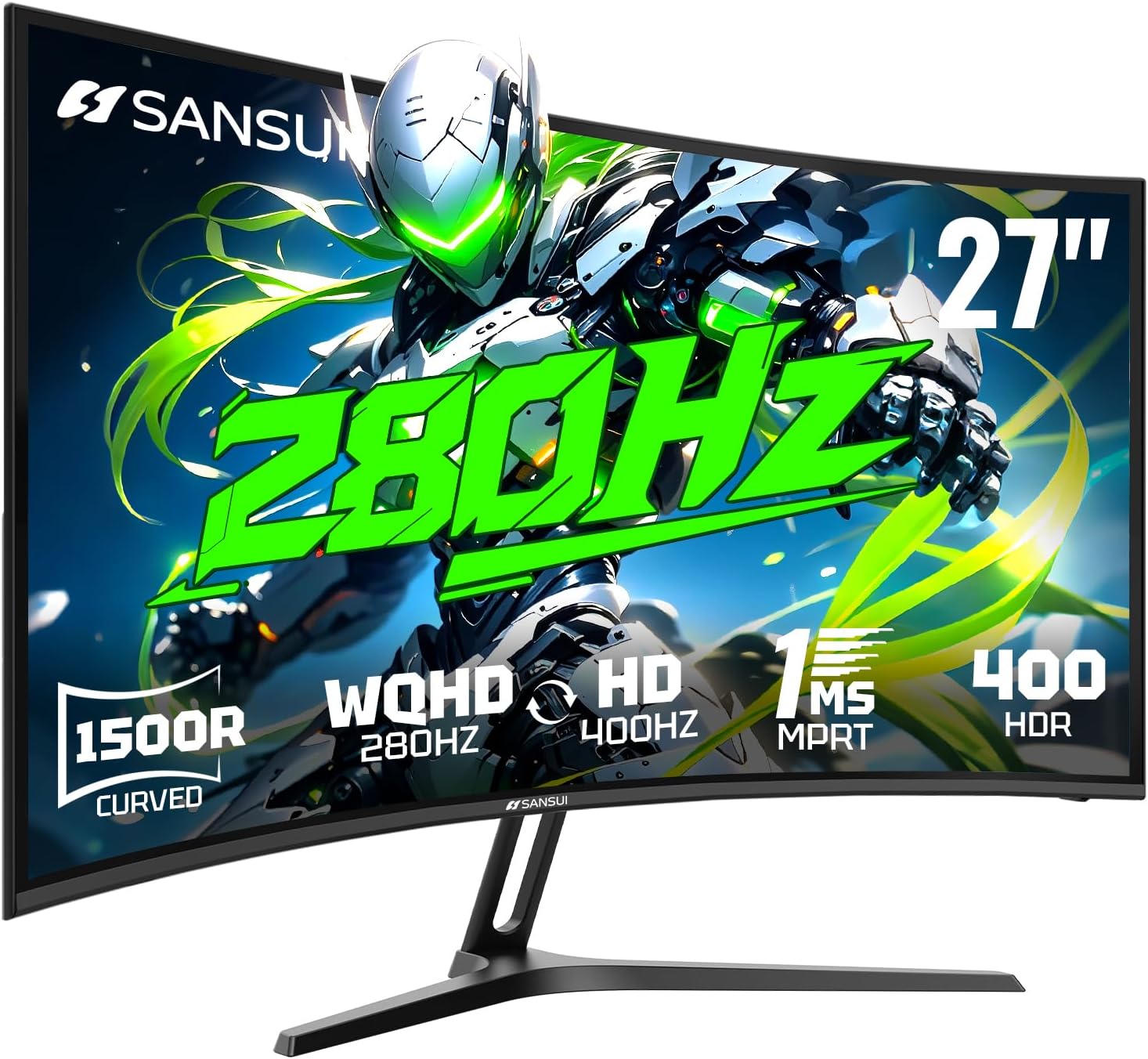 SANSUI 27 Inch 280Hz Curved Gaming Monitor,WQHD 280Hz / HD 400Hz Dual Mode,1500R Curved Computer Monitor, HDR400 135% sRGB 5000:1 Contrast Ratio, PIP/PBP,OD 1ms AI Crosshair,HDMI2.1 * 2, DP1.4,VESA