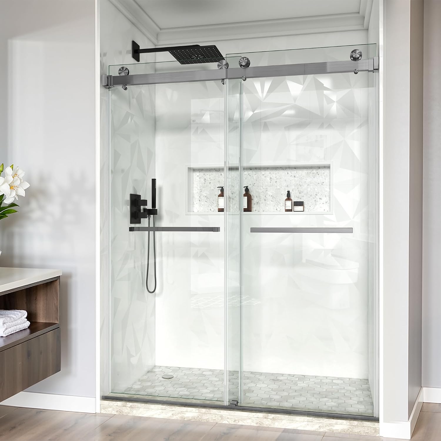 Frameless Double Sliding Shower Door, 56-61' W x 72' H, 3/8' (10mm) SGCC Certified Clear Tempered Glass, Width Adjustable, Square Guide Bar, Double Towel Bars, Stainless Steel Hardware, Gunmetal