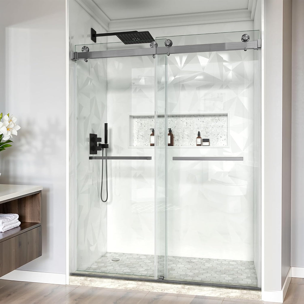Frameless Double Sliding Shower Door, 44-49' W x 76' H, 3/8' (10mm) SGCC Certified Clear Tempered Glass, Width Adjustable, Square Guide Bar, Double Towel Bars, Stainless Steel Hardware, Gunmetal