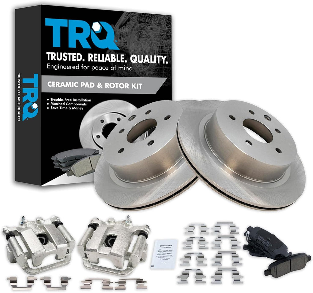 TRQ Rear Brake Pad and Rotor Set Ceramic Vented Rotors Calipers Compatible with 2013-2018 Nissan Leaf 2014-2018 Rogue 2017-2019 Rogue Sport