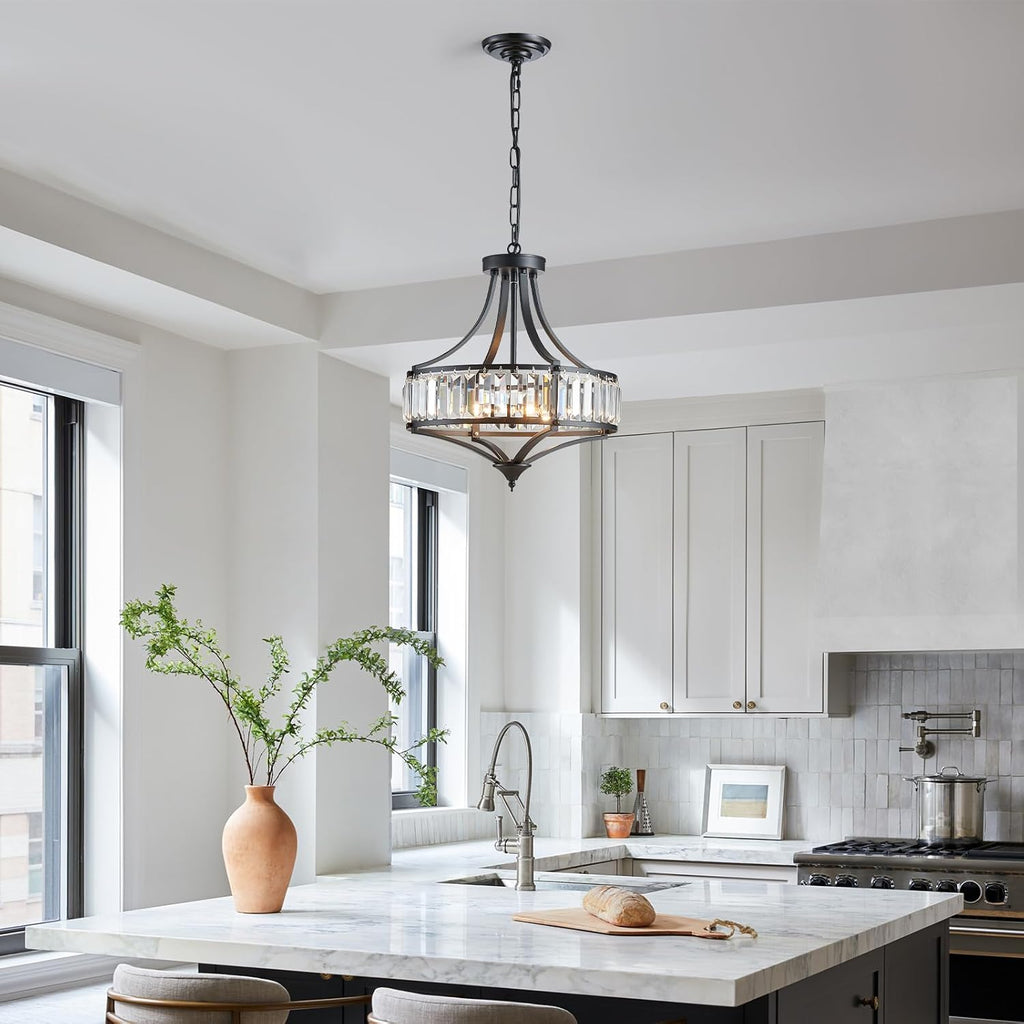 Black Crystal Chandeliers for Dining Room, Round Rustic Farmhouse Chandelier with Metal Shade 4-Light Modern Pendant Lighting for Hallway, Bedroom, Foyer