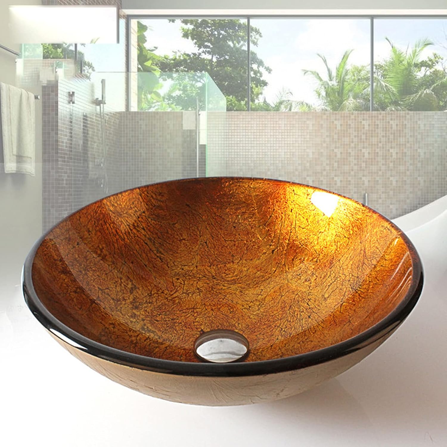 Bathroom Tempered Glass Vessel Sink, Glass Wash Basin, Bathroom Vanity Round Bowl,Orange (Blue)