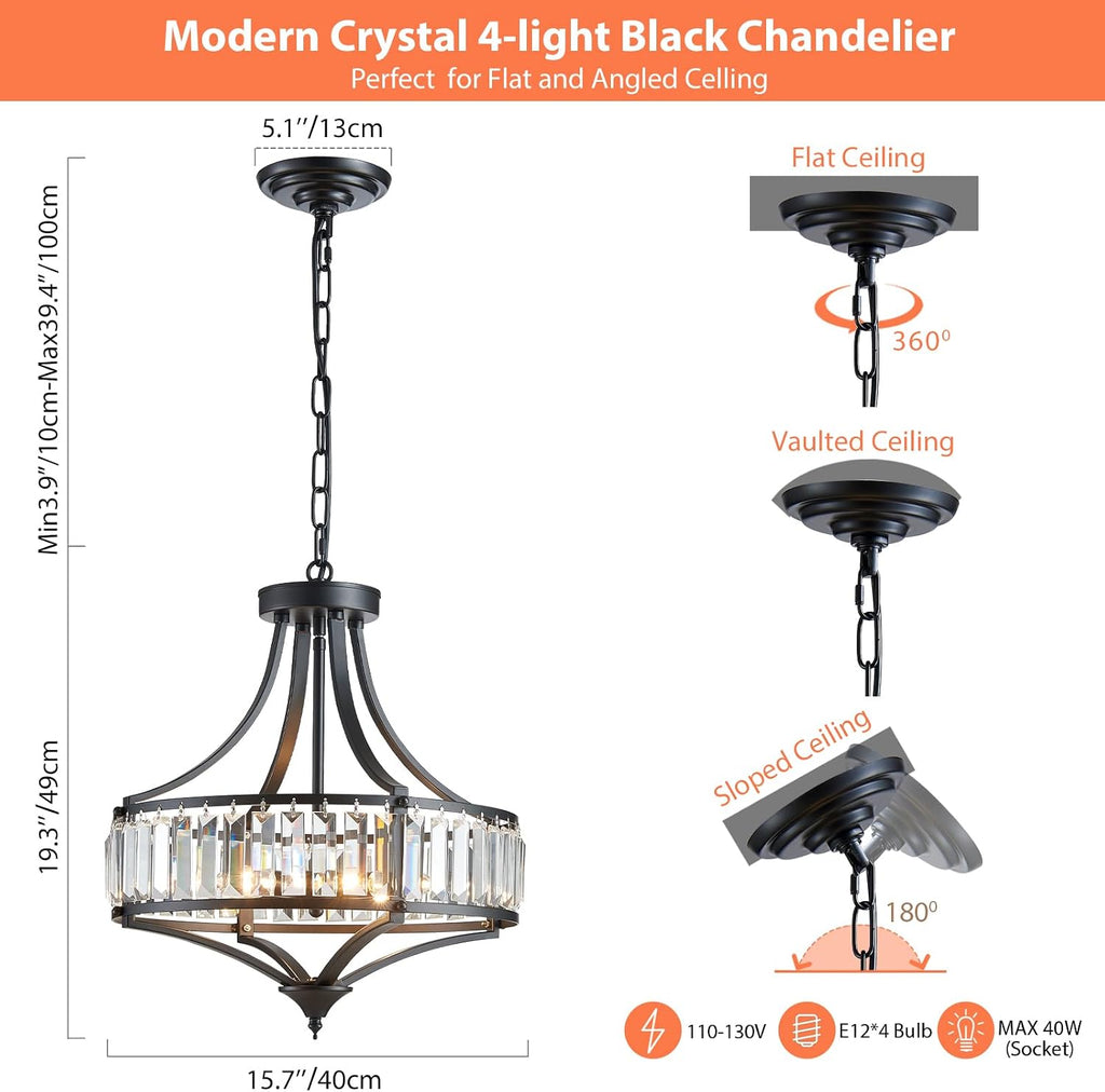 Black Crystal Chandeliers for Dining Room, Round Rustic Farmhouse Chandelier with Metal Shade 4-Light Modern Pendant Lighting for Hallway, Bedroom, Foyer
