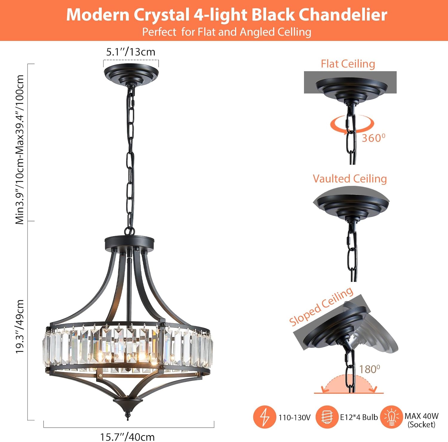 Black Crystal Chandeliers for Dining Room, Round Rustic Farmhouse Chandelier with Metal Shade 4-Light Modern Pendant Lighting for Hallway, Bedroom, Foyer