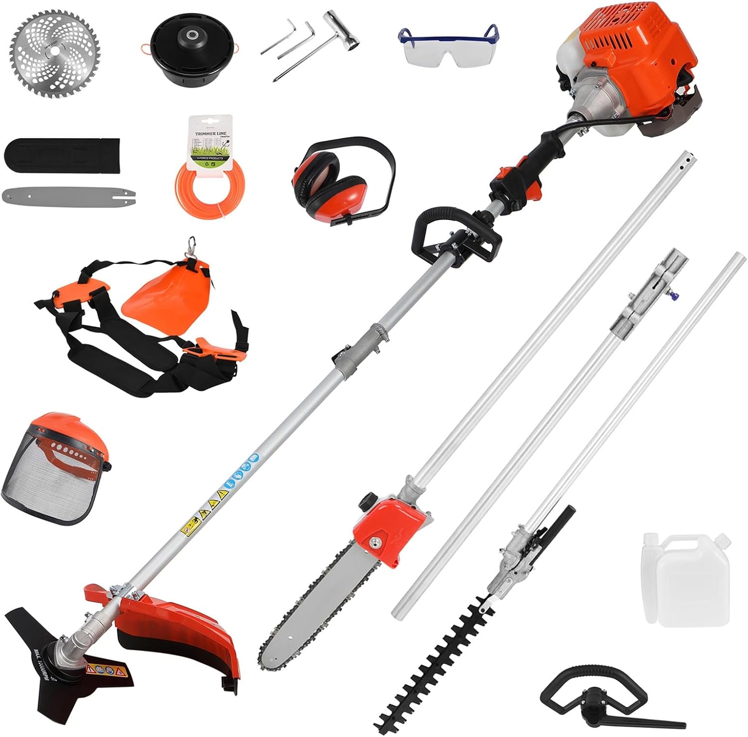 5 in 1 Gas Weed Eater, 52cc 2-Cycle Grass Trimmer & Hedge Trimmer, Brush Cutter, Weed Wacker Gas Powered, Pole Saw with Extension Pole, String Trimmer for Home, Garden, Lawn Care (Orange)